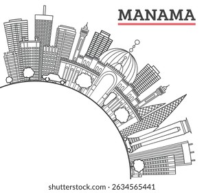 Outline Manama Bahrain City Skyline with Modern Buildings and copy space Isolated on White. Vector Illustration. Manama Cityscape with Landmarks.