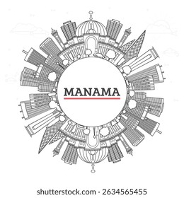 Outline Manama Bahrain City Skyline with Modern Buildings and copy space Isolated on White. Vector Illustration. Manama Cityscape with Landmarks.