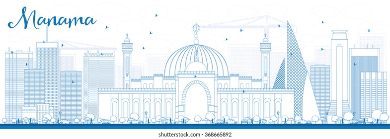 Outline Manama Skyline with Blue Buildings. Vector Illustration. Business Travel and Tourism Concept with Modern Buildings. Image for Presentation Banner Placard and Web Site.