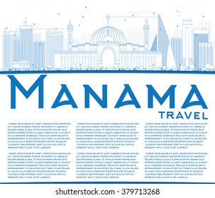 Outline Manama Skyline with Blue Buildings and Copy Space. Vector Illustration. Business Travel and Tourism Concept with Modern Buildings. Image for Presentation Banner Placard and Web Site.