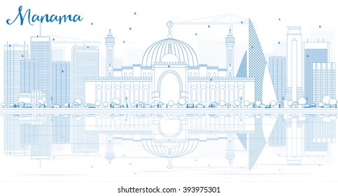 Outline Manama Skyline with Blue Buildings and Reflections. Vector Illustration. Business Travel and Tourism Concept with Modern Buildings. Image for Presentation Banner Placard and Web.