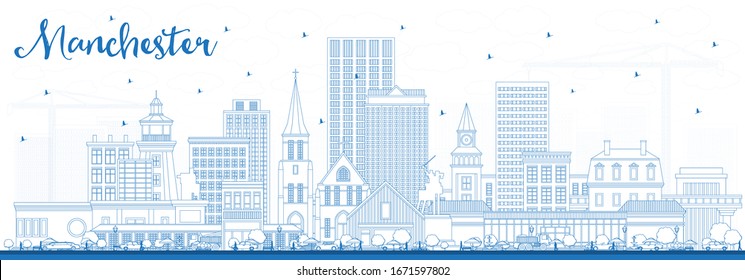 Outline Manchester New Hampshire City Skyline with Blue Buildings. Vector Illustration. Business Travel and Tourism Concept with Historic and Modern Architecture. Manchester USA Cityscape.