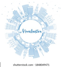 Outline Manchester New Hampshire City Skyline with Blue Buildings and Copy Space. Vector Illustration. Travel and Tourism Concept with Historic and Modern Architecture. Manchester USA Cityscape.