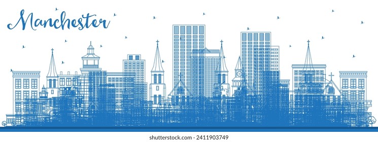 Outline Manchester New Hampshire City Skyline with Blue Buildings. Vector Illustration. Business Travel and Tourism Concept with Modern Architecture. Manchester USA Cityscape with Landmarks.