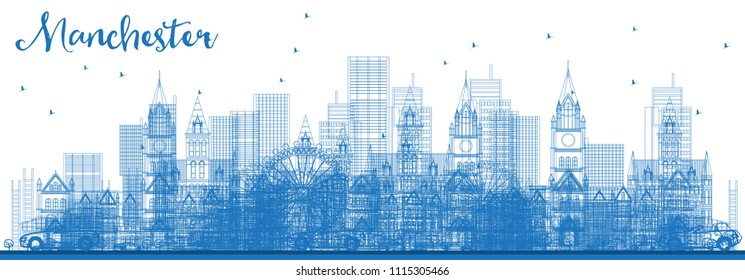 Outline Manchester Skyline with Blue Buildings. Vector Illustration. Business Travel and Tourism Concept with Modern Architecture. Manchester Cityscape with Landmarks.