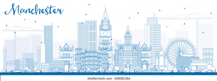 Outline Manchester Skyline with Blue Buildings. Vector Illustration. Business Travel and Tourism Concept with Modern Architecture. Image for Presentation Banner Placard and Web Site.