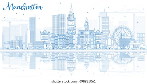 Outline Manchester Skyline with Blue Buildings and Reflections. Vector Illustration. Business Travel and Tourism Concept with Modern Architecture.