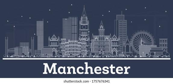 Outline Manchester UK City Skyline with White Buildings. Vector Illustration. Business Travel and Tourism Concept with Modern Architecture. Manchester Cityscape with Landmarks.