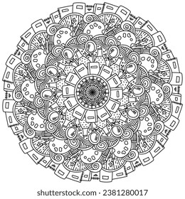 Outline mandala about school attributes, doodle coloring page with ornate swirls and items on an educational theme vector illustration