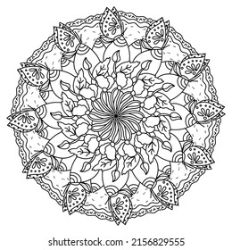 Outline mandala with butterflies and different colors, fantasy meditative coloring page vector illustration for creativity