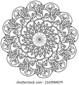 Outline mandala with butterflies, flowers and bunches of leaves, fantasy meditative coloring page for creativity vector illustration