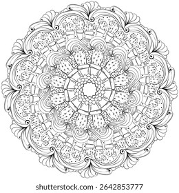 Mandala de contorno com cactos, ilustração de vetor de página de coloração meditativa com plantas domésticas espinhosas