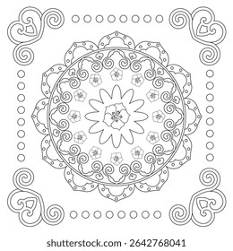 Contorno Mandala para livro de colorir. Ornamento redondo decorativo. Padrão de terapia anti-estresse. Elemento de design de tecelagem. Estilo de ioga, fundo para cartaz de meditação. Forma de flor incomum. Vetor oriental
