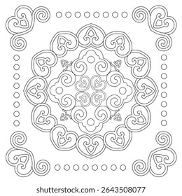 Contorno Mandala para livro de colorir. Ornamento redondo decorativo. Padrão de terapia anti-estresse. Elemento de design de tecelagem. Estilo de ioga, fundo para cartaz de meditação. Forma de flor incomum. Vetor oriental
