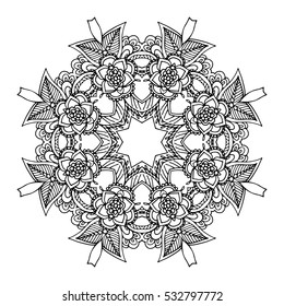 Outline Mandala for coloring book. Decorative round ornament. Anti-stress therapy pattern. Weave design element. Yoga logo, background for meditation poster. Unusual flower shape. Oriental vector.