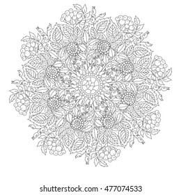 Outline Mandala for coloring book with elements from leaves and berries. Decorative round ornament. Anti-stress therapy pattern. Weave design element. Oriental vector.