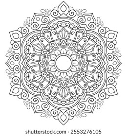 Esquema Mandala para colorear página de libro. Vector Mandala Oriental. Simple Mandala Colorear libro línea de arte de Ilustración vectorial. Patrón abstracto del mandala del Vector, marco redondo