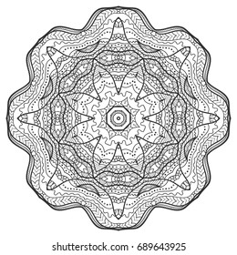 Outline Mandala for coloring book. Stylized flower, floral round ornament. Zen doodle art. Anti-stress therapy geometric pattern. Tribal ethnic design element, yoga logo, motif for meditation poster