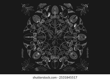 Contorno Mandala para colorir incorpora elementos da natureza, flores, folhas, vetor de design

