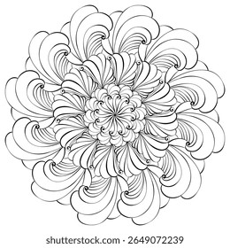 Outline mandala with curls, simple abstract meditative coloring page vector illustration for kids and adults
