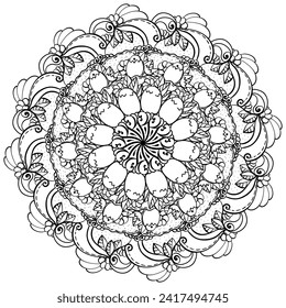 Outline-Mandala mit Eiern und einem knackigen Huhn, kreative Farbseiten-Vektorgrafik mit Osterdoodle-Motiven