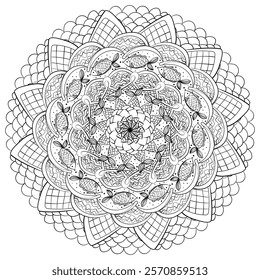 Outline mandala with fish and waves, meditative fantasy coloring page vector illustration for kids and adults activity