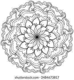 Contorno de mandala con una flor en el centro y ondas, página de colorear doodle abstracto para la actividad y el diseño