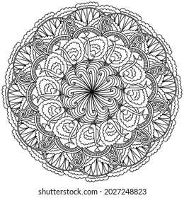 Outline mandala with funny birds, coloring page with patterns and peacocks vector illustration