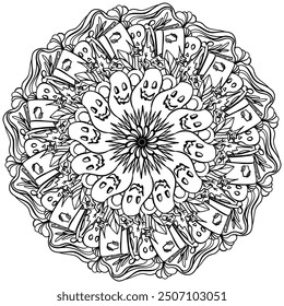 Outline mandala for Halloween, coloring page with ghost pumpkin and witch book coloring page for activity and design