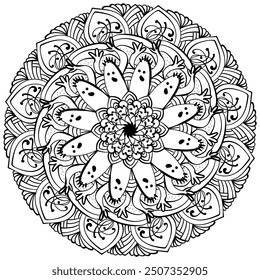 Outline mandala for Halloween, coloring page with monsters and swirls vector illustration for activity and design