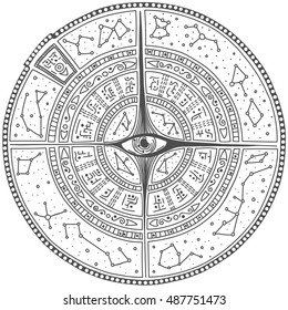 Outline Mandala. Hand drawn background. Circle space ornament with eye.