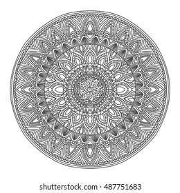 Outline Mandala. Hand drawn background. Circle doodle flower ornament. Zentangle for coloring book, anti-stress therapy.