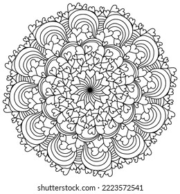 Outline mandala with hearts for Valentine's day, coloring page vector illustration for holiday activity