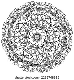 Outline mandala with hiding rabbit and looking for eggs in patterns, creative coloring page vector illustration