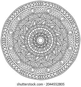 Outline mandala with linear patterns of straight lines and triangles, meditative coloring pagefor design vector illustration