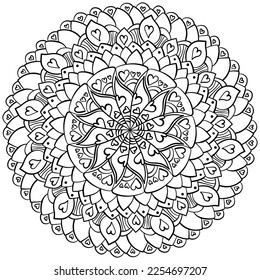 Outline mandala with many small doodle petals, coloring page with simple motifs and hearts vector illustration