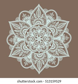 Outline Mandala on brown background. Decorative round ornament. Weave design element. Yoga logo, background for meditation poster. Unusual flower shape. Oriental vector.