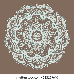Outline Mandala on brown background. Decorative round ornament. Weave design element. Yoga logo, background for meditation poster. Unusual flower shape. Oriental vector.