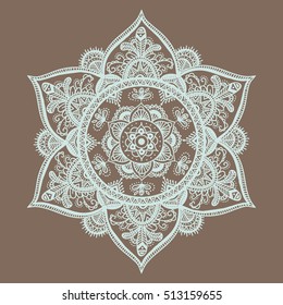 Outline Mandala on brown background. Decorative round ornament. Weave design element. Yoga logo, background for meditation poster. Unusual flower shape. Oriental vector.