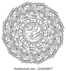 Outline mandala on a scientific theme, meditative coloring page with scientific equipment and ornate patterns vector illustration