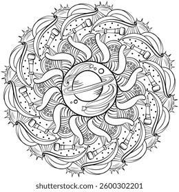 Outline mandala on the theme of space and astronomy, creative coloring page vector illustration for kids and adult activity