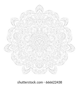 Outline mandala pattern silver background. Arabic decorative ornament. East, islam, thai, indian, ottoman motifs. Abstract tribal, ethnic texture. Orient, lace, meditation symbol. Vector illustration.