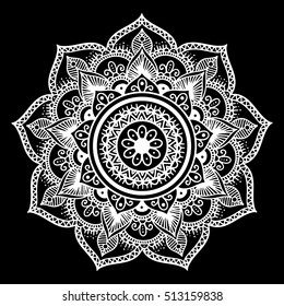Outline Mandala white overlay. Decorative round ornament. Anti-stress therapy pattern. Weave design element. Yoga logo, background for meditation poster. Unusual flower shape oriental line vector.