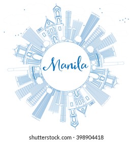 Outline Manila Skyline with Blue Buildings. Vector Illustration. Business Travel and Tourism Concept with Copy Space. Image for Presentation Banner Placard and Web Site.