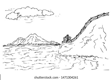 Outline Manual Draw Vector Sketch, Bali Temple at Beach, Indonesia
