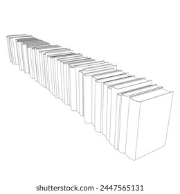 Outline of many books standing in a row. Books stack minimalist vector illustration design on white background. Isolated simple line modern graphic style. Hand drawn graphic concept for education. 3D.