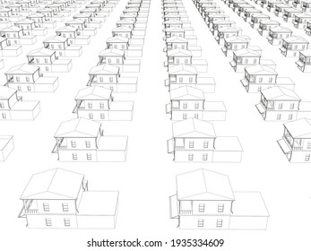 The outline of many identical houses in a row. 3D. Vector illustration