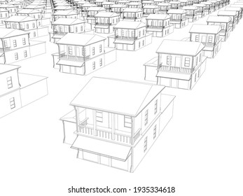 The outline of many identical houses in a row. 3D. Vector illustration