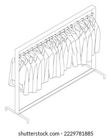 Outline of many jackets hanging on a hanger. Isometric view. 3D. Vector illustration.