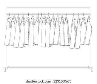 Outline of many jackets hanging on a hanger. Side view. 3D. Vector illustration.